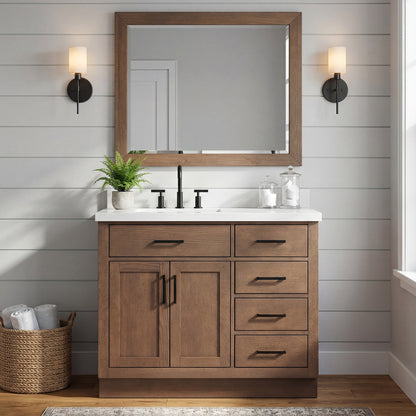 Isabella 42-Inch Brown Oak bathroom vanity in styled bathroom setting