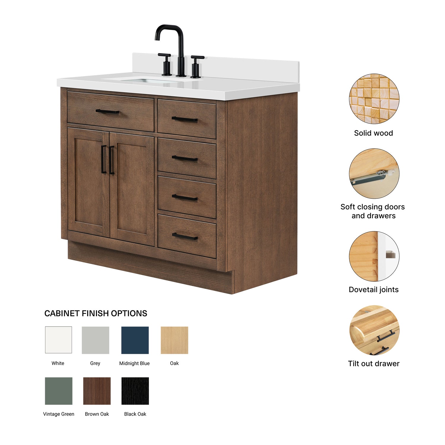 Isabella 42-Inch Brown Oak bathroom vanity – feature highlights: solid wood frame, soft-close doors and drawers, Sherwin-Williams paint finish