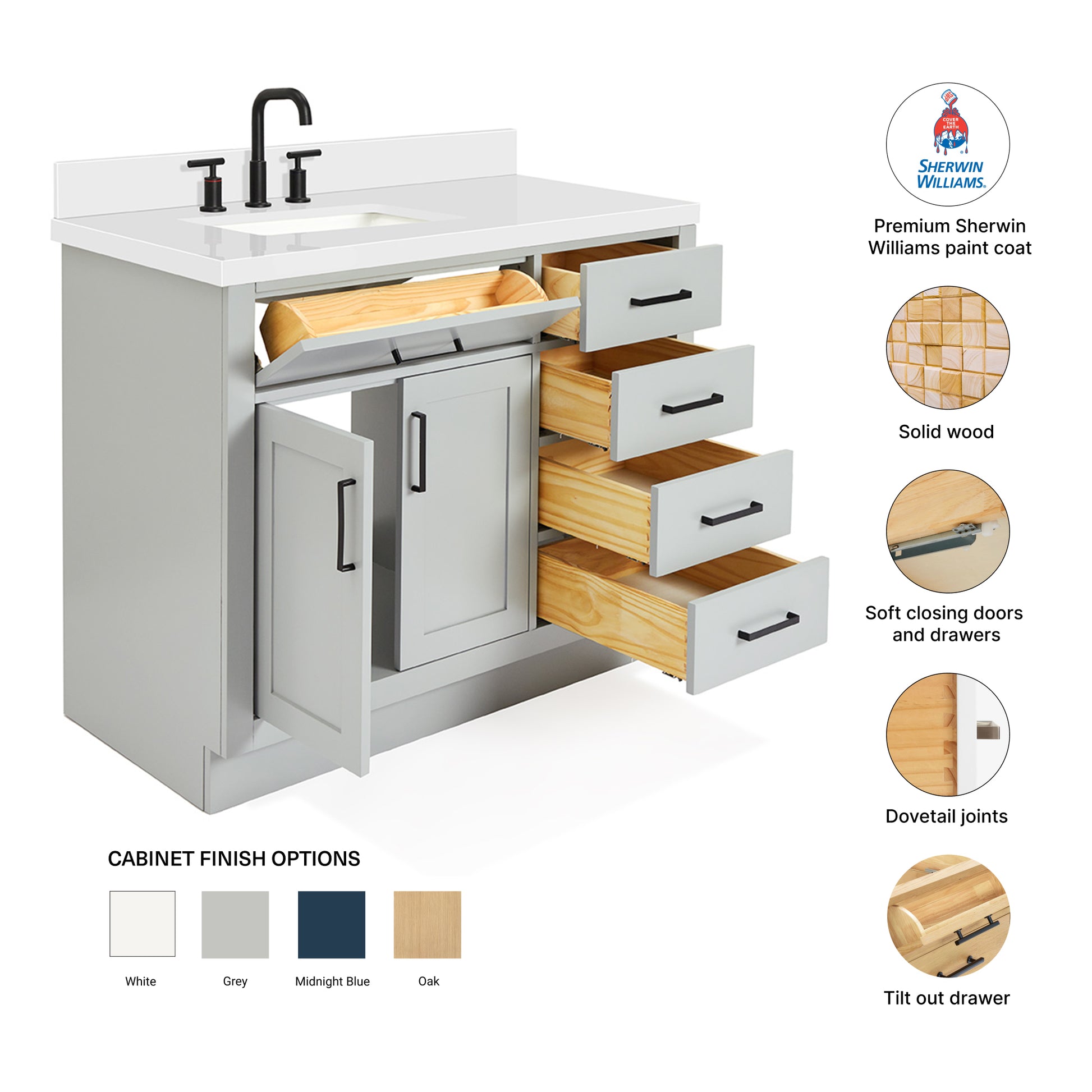 Isabella 42-Inch Grey bathroom vanity – feature highlights: solid wood frame, soft-close doors and drawers, Sherwin-Williams paint finish