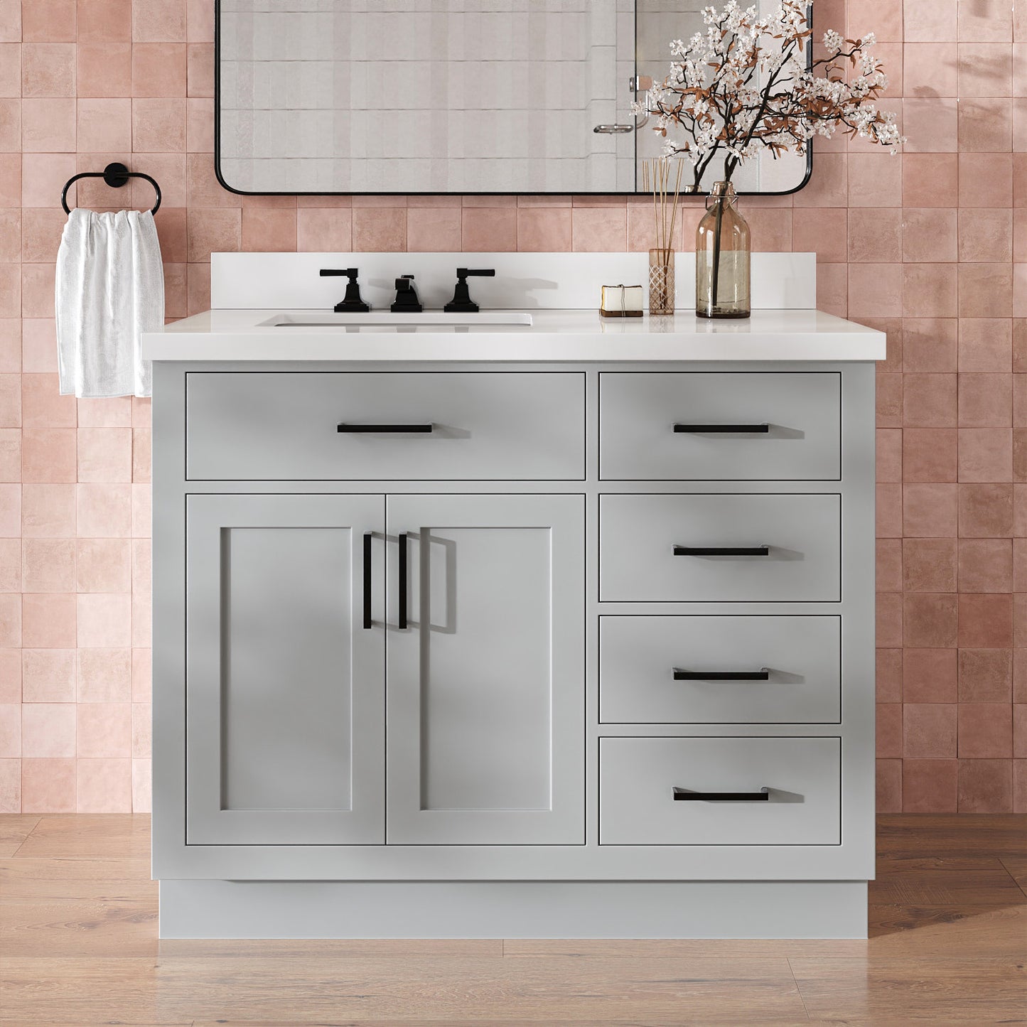 Isabella 42-Inch Grey bathroom vanity in styled bathroom setting