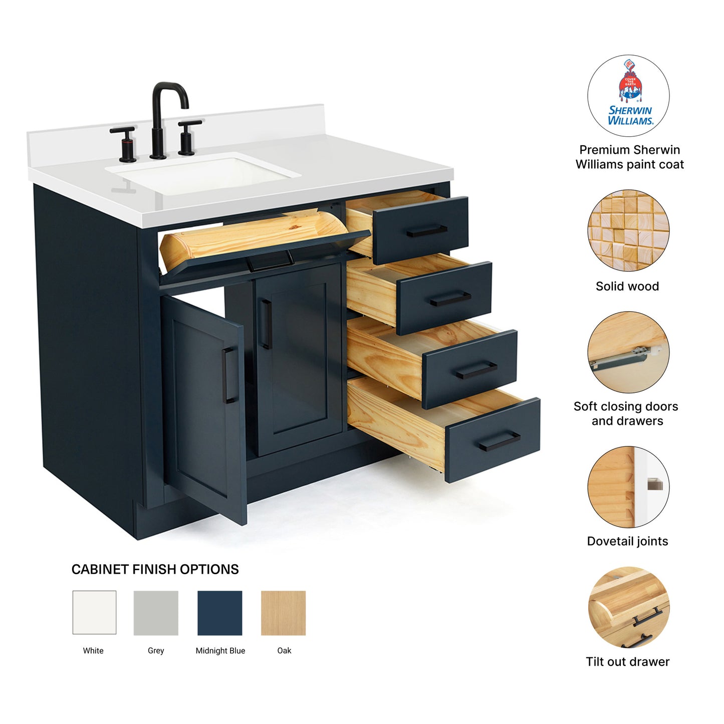 Isabella 42-Inch Midnight Blue bathroom vanity – feature highlights: solid wood frame, soft-close doors and drawers, Sherwin-Williams paint finish