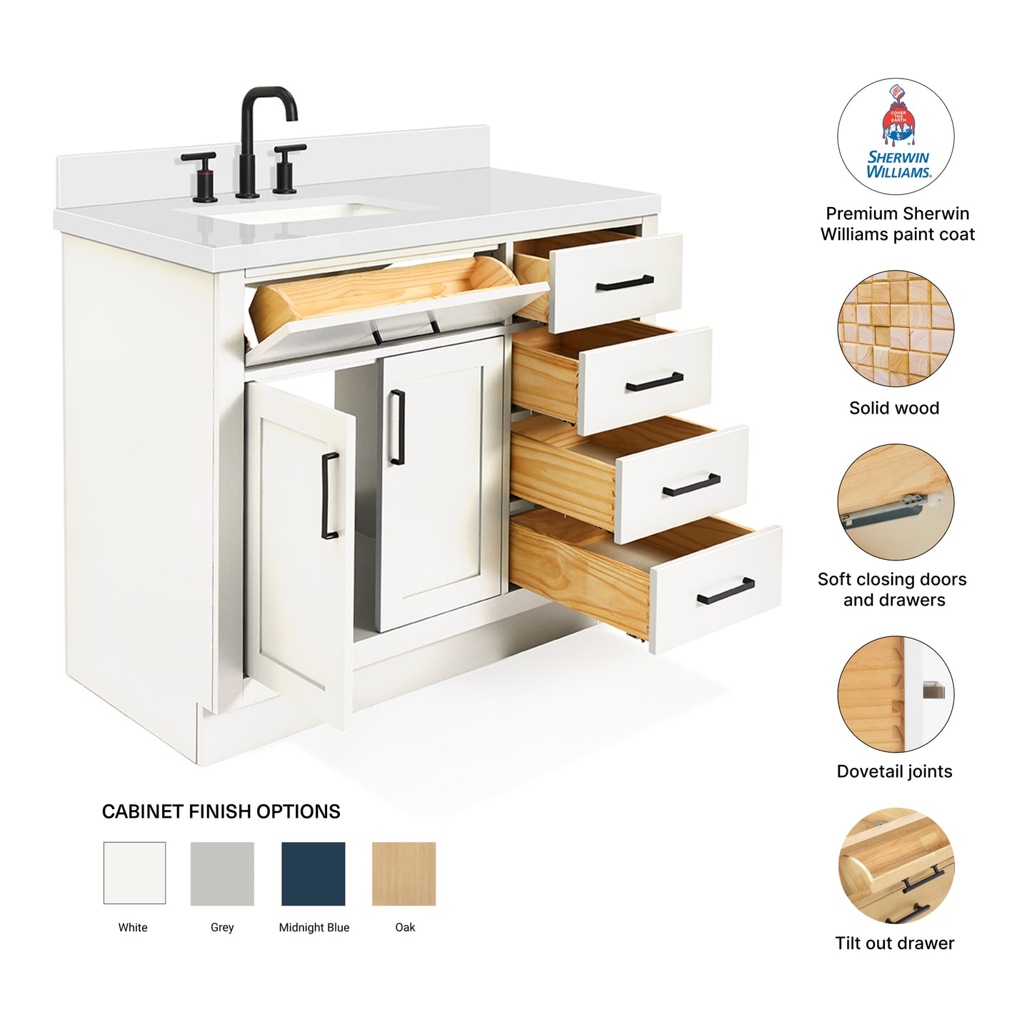 Isabella 42-Inch White bathroom vanity – feature highlights: solid wood frame, soft-close doors and drawers, Sherwin-Williams paint finish