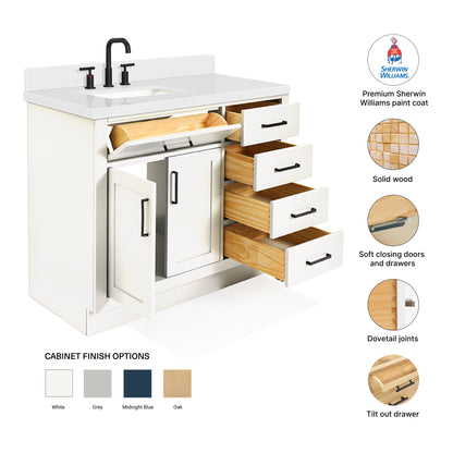 Isabella 42-Inch White bathroom vanity – feature highlights: solid wood frame, soft-close doors and drawers, Sherwin-Williams paint finish