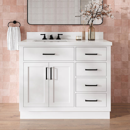 Isabella 42-Inch White bathroom vanity in styled bathroom setting