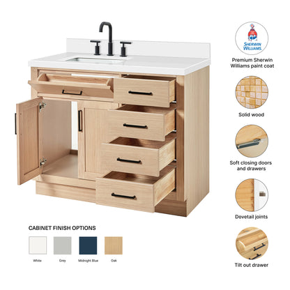 Isabella 42-Inch White Oak bathroom vanity – feature highlights: solid wood frame, soft-close doors and drawers, Sherwin-Williams paint finish