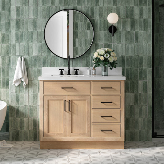 Isabella 42-Inch White Oak bathroom vanity in styled bathroom setting
