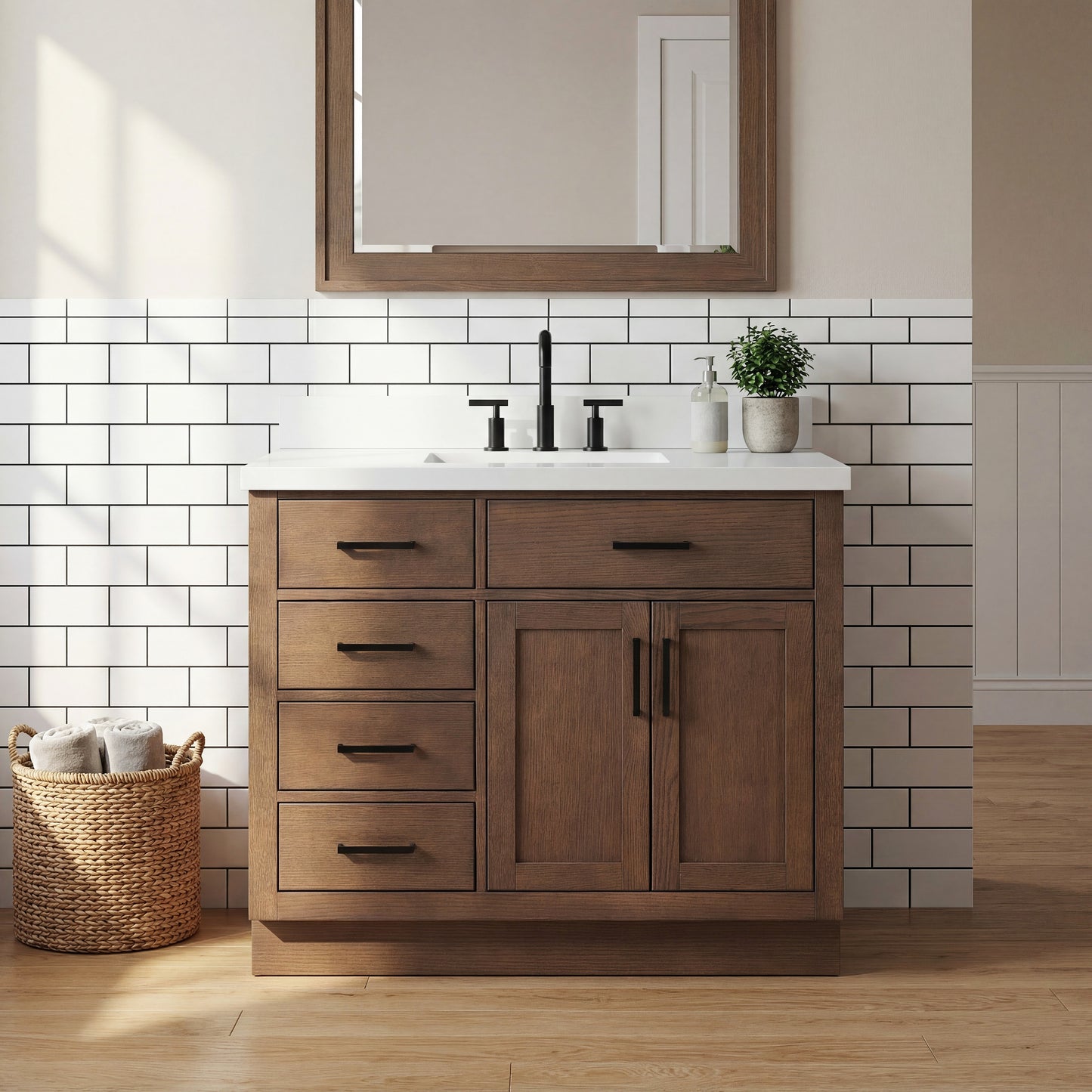 Isabella 42-Inch Brown Oak bathroom vanity in styled bathroom setting