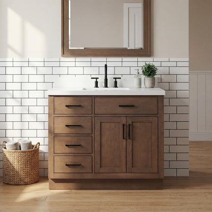 Isabella 42-Inch Brown Oak bathroom vanity in styled bathroom setting