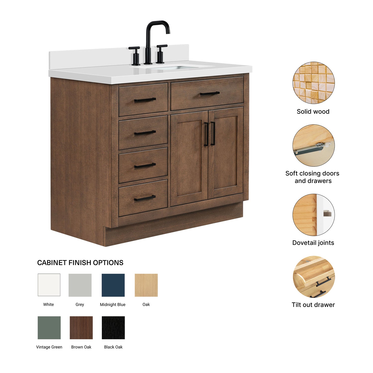 Isabella 42-Inch Brown Oak bathroom vanity – feature highlights: solid wood frame, soft-close doors and drawers, Sherwin-Williams paint finish