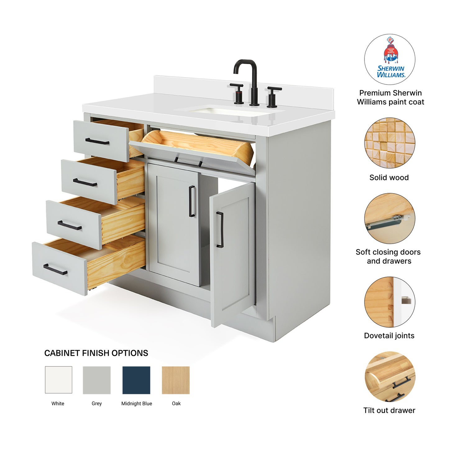 Isabella 42-Inch Grey bathroom vanity – feature highlights: solid wood frame, soft-close doors and drawers, Sherwin-Williams paint finish