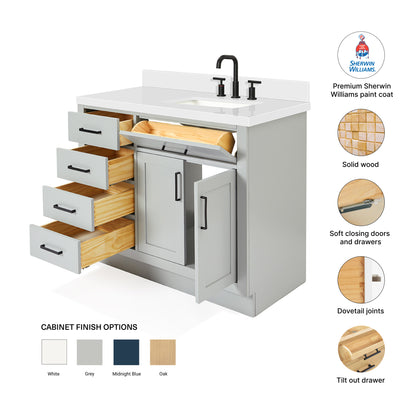 Isabella 42-Inch Grey bathroom vanity – feature highlights: solid wood frame, soft-close doors and drawers, Sherwin-Williams paint finish