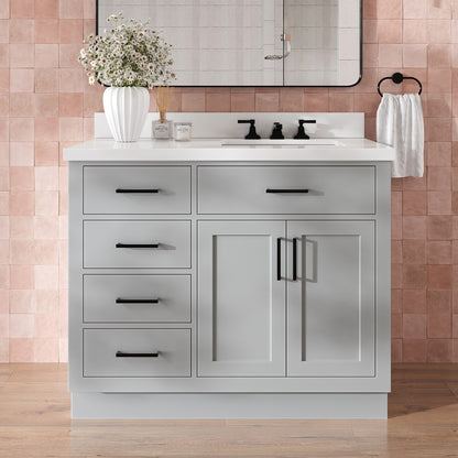 Isabella 42-Inch Grey bathroom vanity in styled bathroom setting