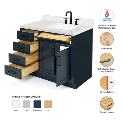 Isabella 42-Inch Midnight Blue bathroom vanity – feature highlights: solid wood frame, soft-close doors and drawers, Sherwin-Williams paint finish
