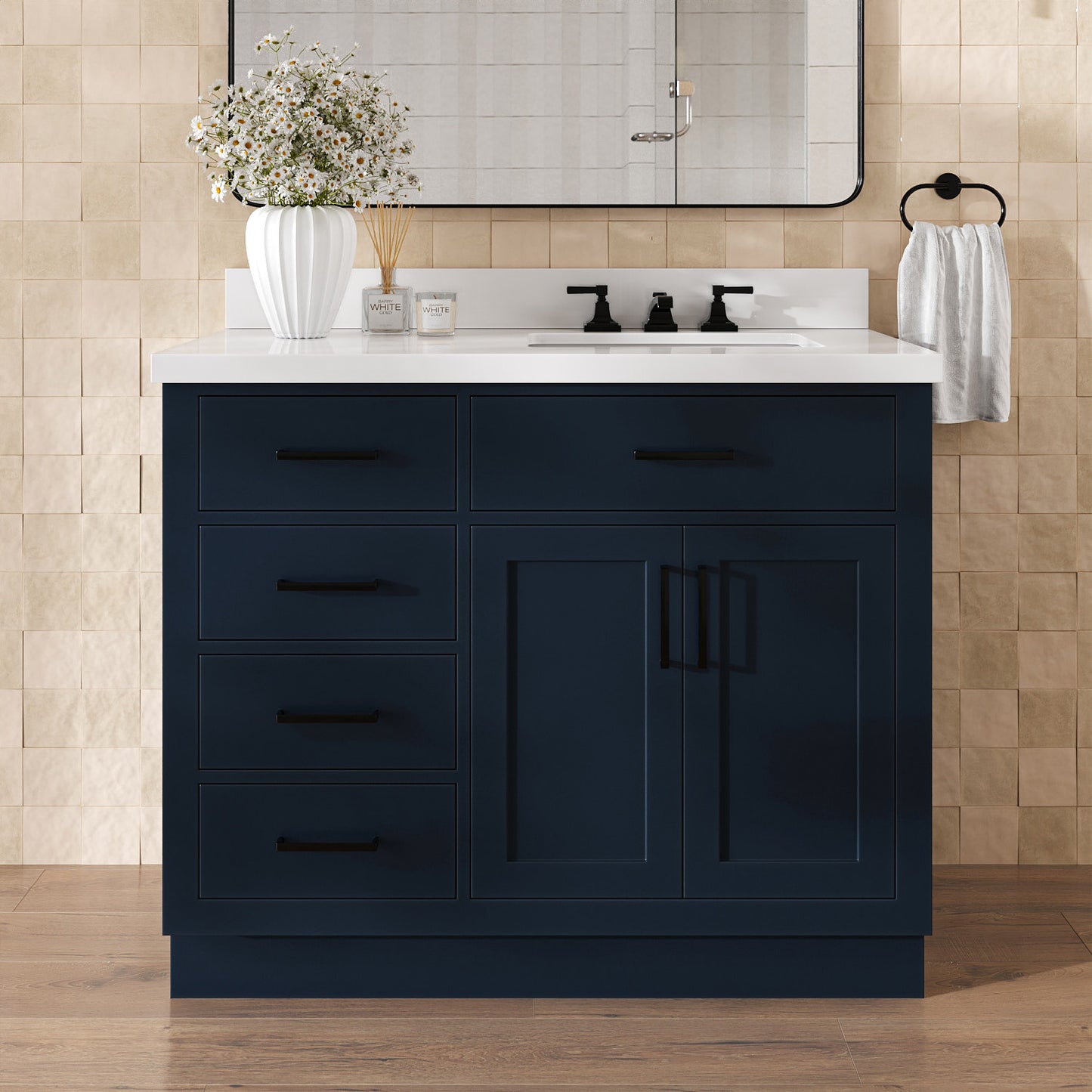 Isabella 42-Inch Midnight Blue bathroom vanity in styled bathroom setting