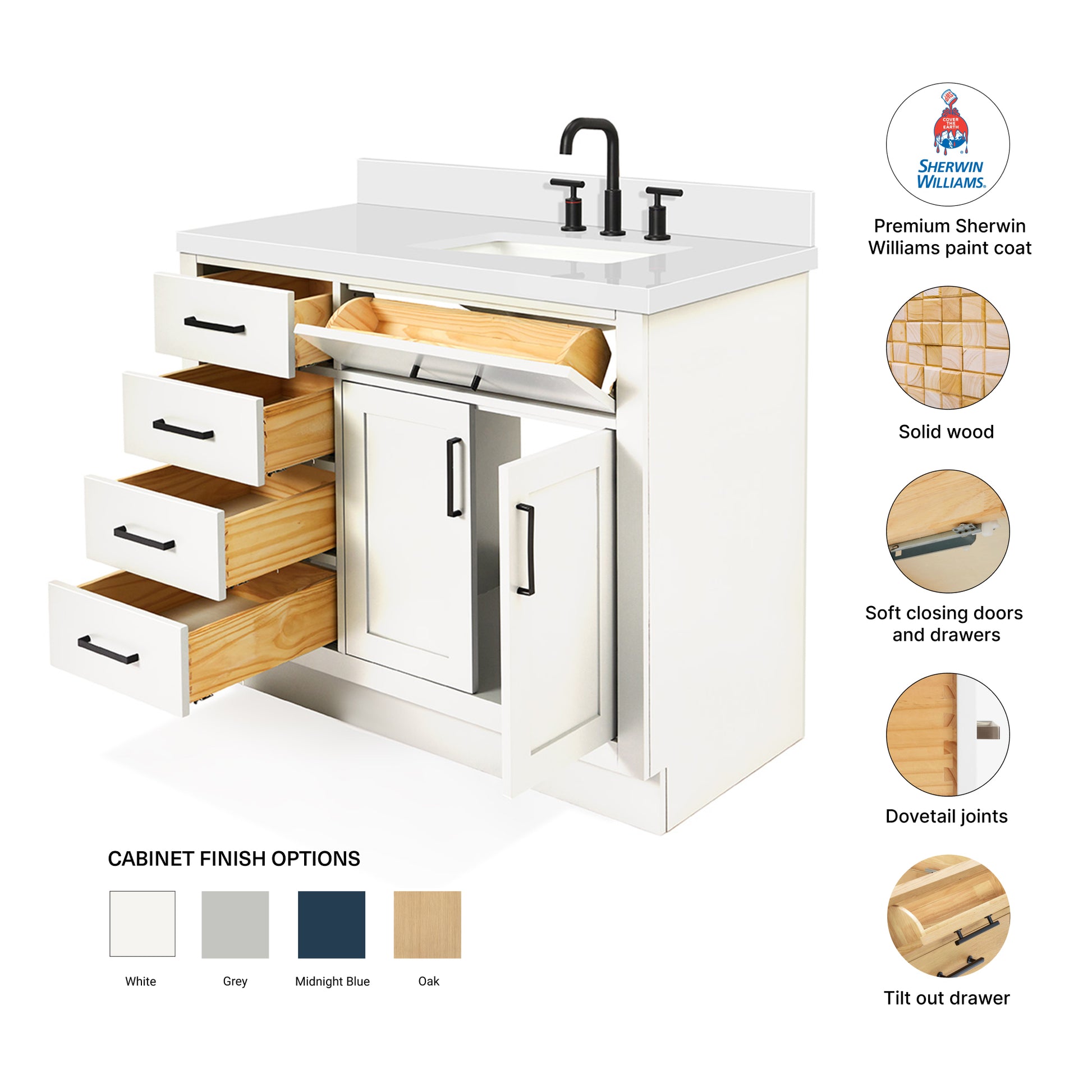 Isabella 42-Inch White bathroom vanity – feature highlights: solid wood frame, soft-close doors and drawers, Sherwin-Williams paint finish