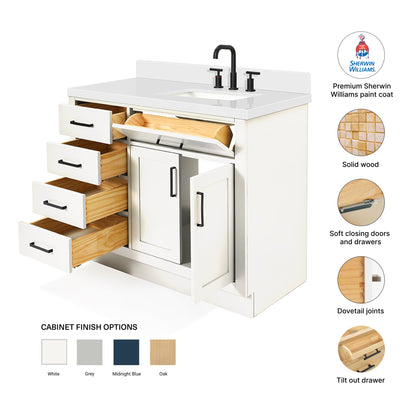 Isabella 42-Inch White bathroom vanity – feature highlights: solid wood frame, soft-close doors and drawers, Sherwin-Williams paint finish