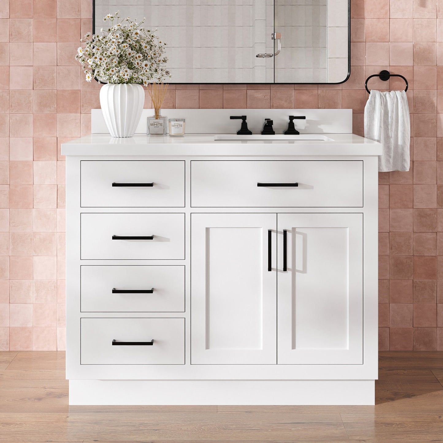 Isabella 42-Inch White bathroom vanity in styled bathroom setting