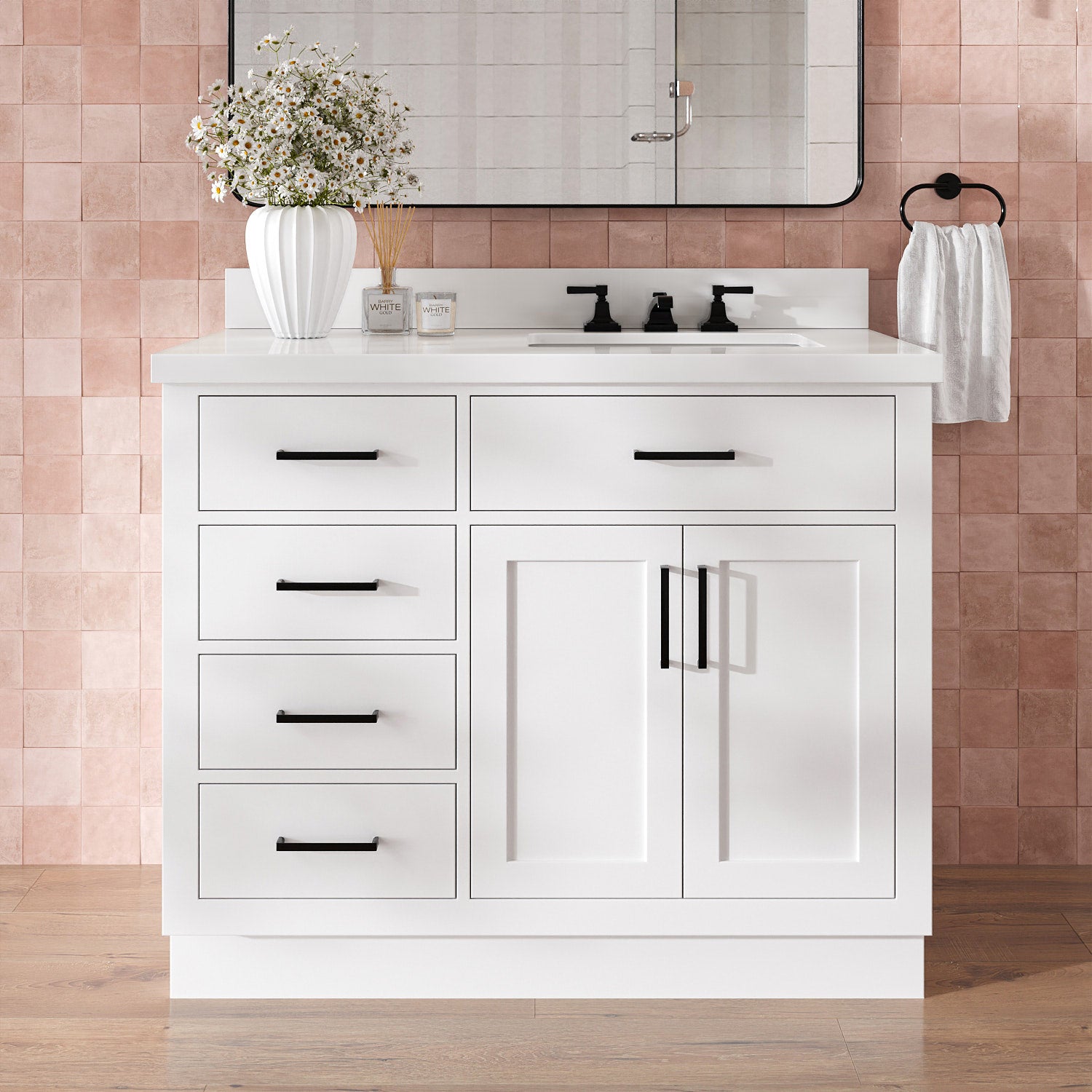 Isabella 42-Inch White bathroom vanity in styled bathroom setting