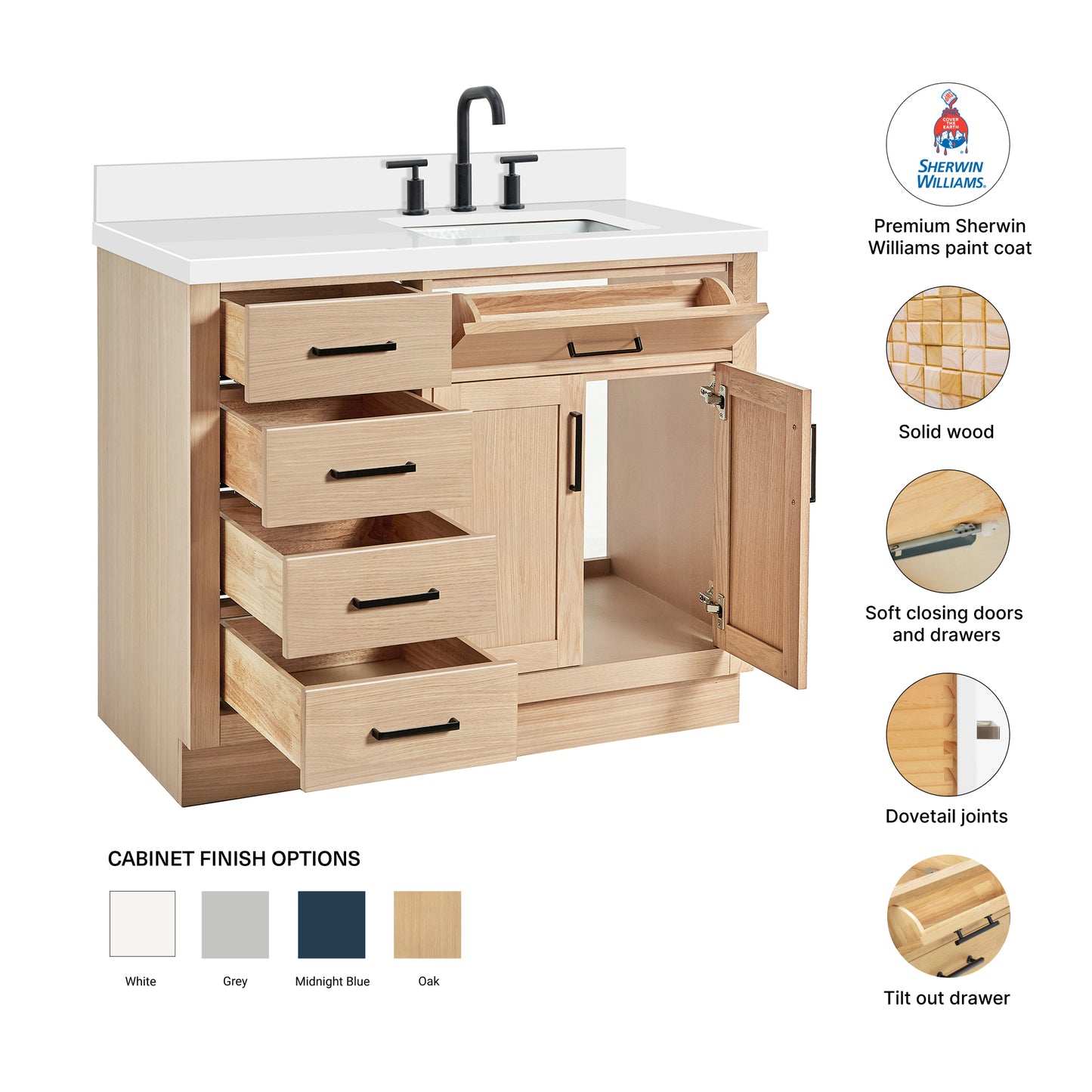 Isabella 42-Inch White Oak bathroom vanity – feature highlights: solid wood frame, soft-close doors and drawers, Sherwin-Williams paint finish