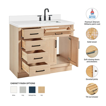 Isabella 42-Inch White Oak bathroom vanity – feature highlights: solid wood frame, soft-close doors and drawers, Sherwin-Williams paint finish