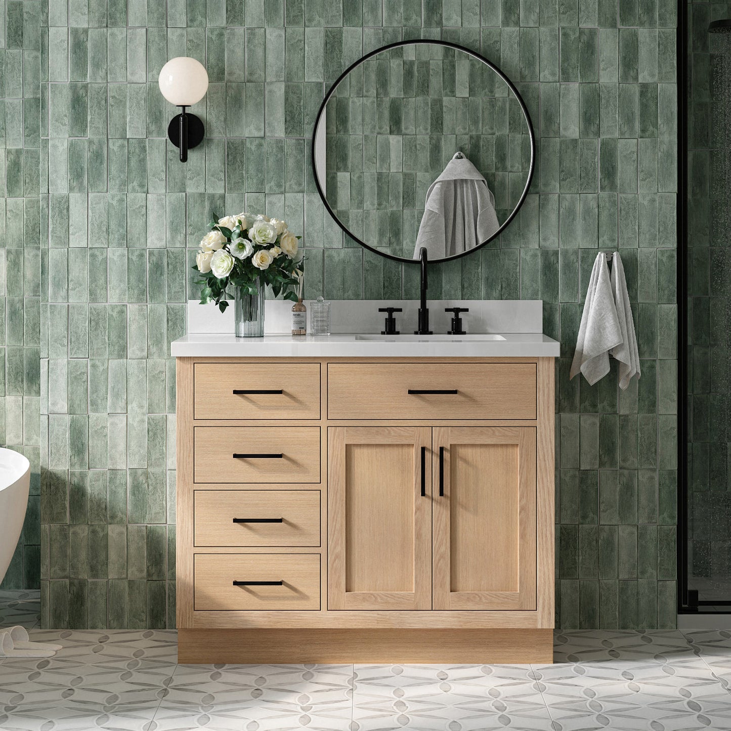 Isabella 42-Inch White Oak bathroom vanity in styled bathroom setting