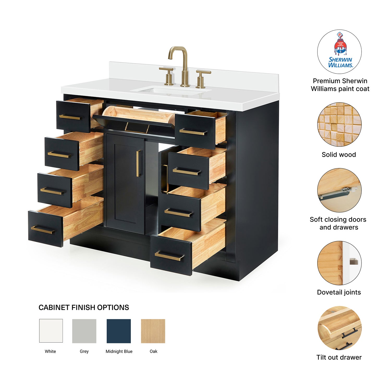 Isabella 42-Inch Black bathroom vanity – feature highlights: solid wood frame, soft-close doors and drawers, Sherwin-Williams paint finish