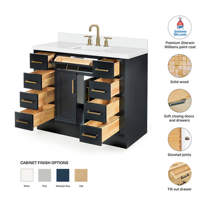 Isabella 42-Inch Black bathroom vanity – feature highlights: solid wood frame, soft-close doors and drawers, Sherwin-Williams paint finish