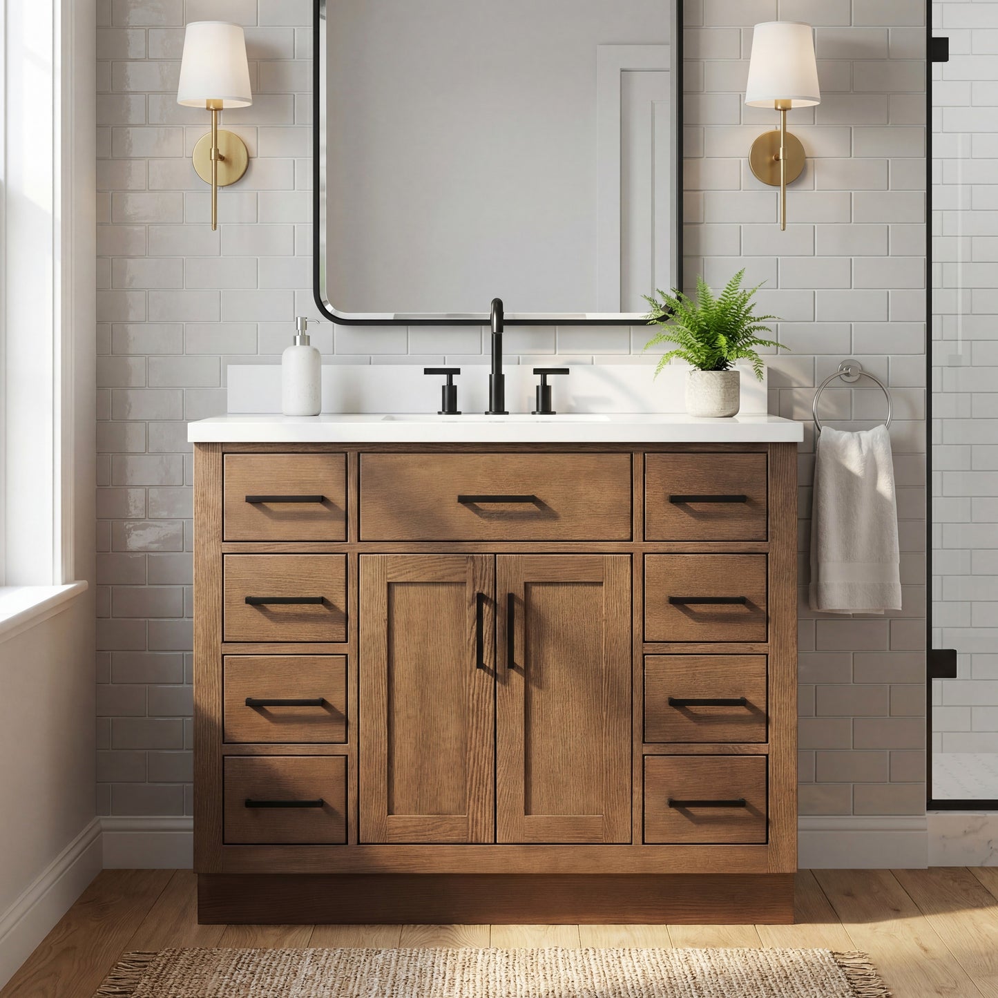 Isabella 42-Inch Brown Oak bathroom vanity in styled bathroom setting