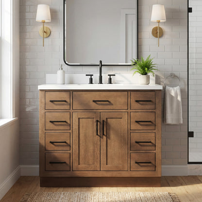 Isabella 42-Inch Brown Oak bathroom vanity in styled bathroom setting