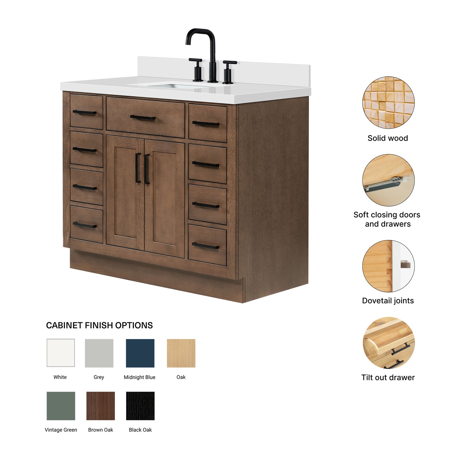 Isabella 42-Inch Brown Oak bathroom vanity – feature highlights: solid wood frame, soft-close doors and drawers, Sherwin-Williams paint finish