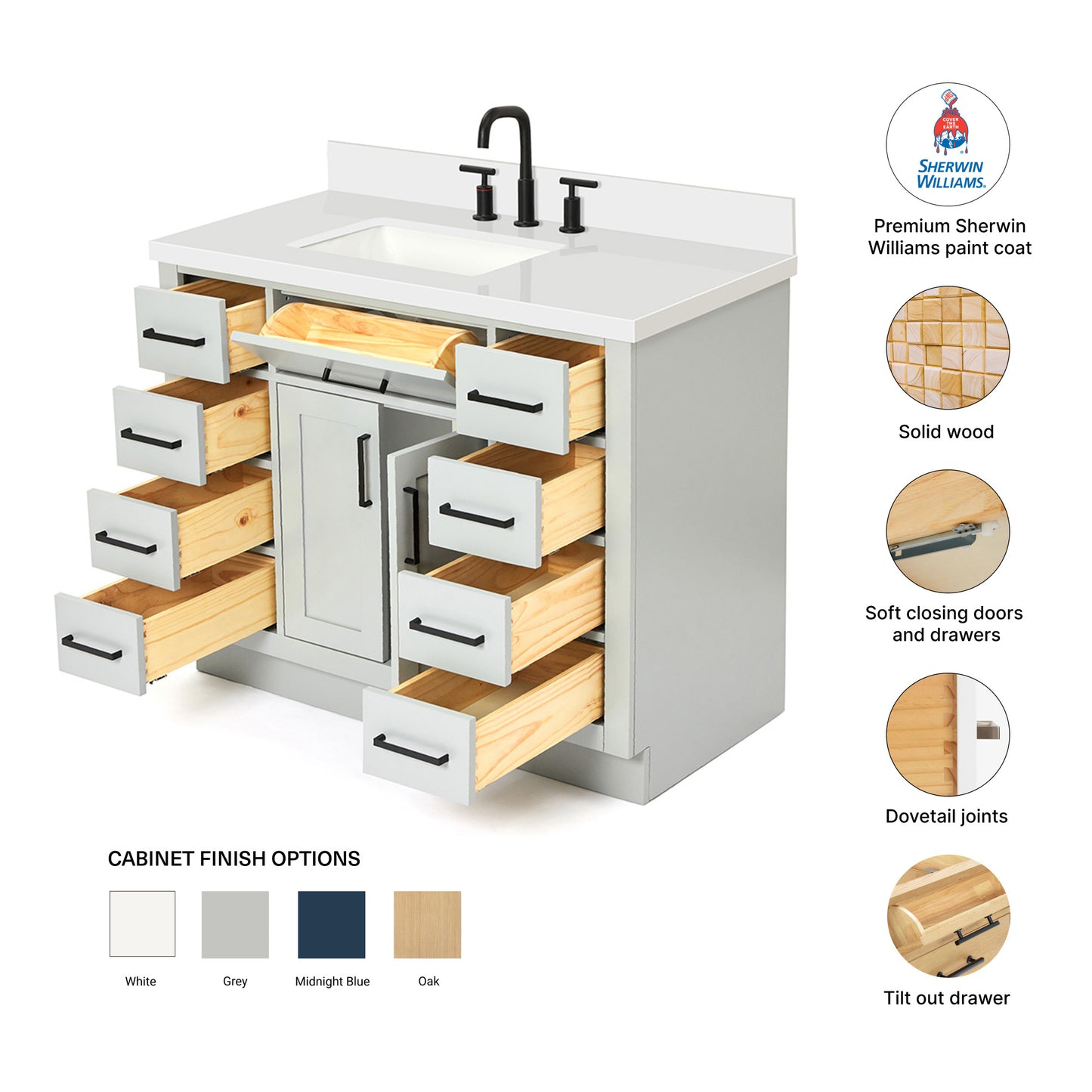 Isabella 42-Inch Grey bathroom vanity – feature highlights: solid wood frame, soft-close doors and drawers, Sherwin-Williams paint finish