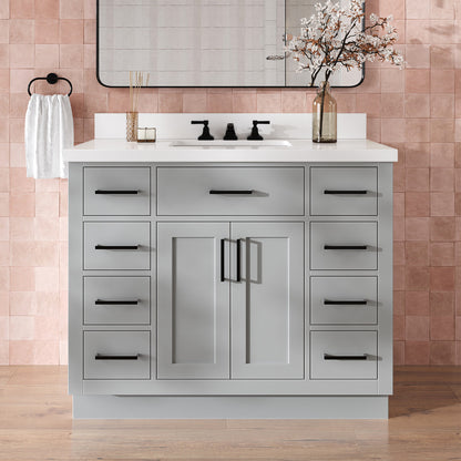 Isabella 42-Inch Grey bathroom vanity in styled bathroom setting