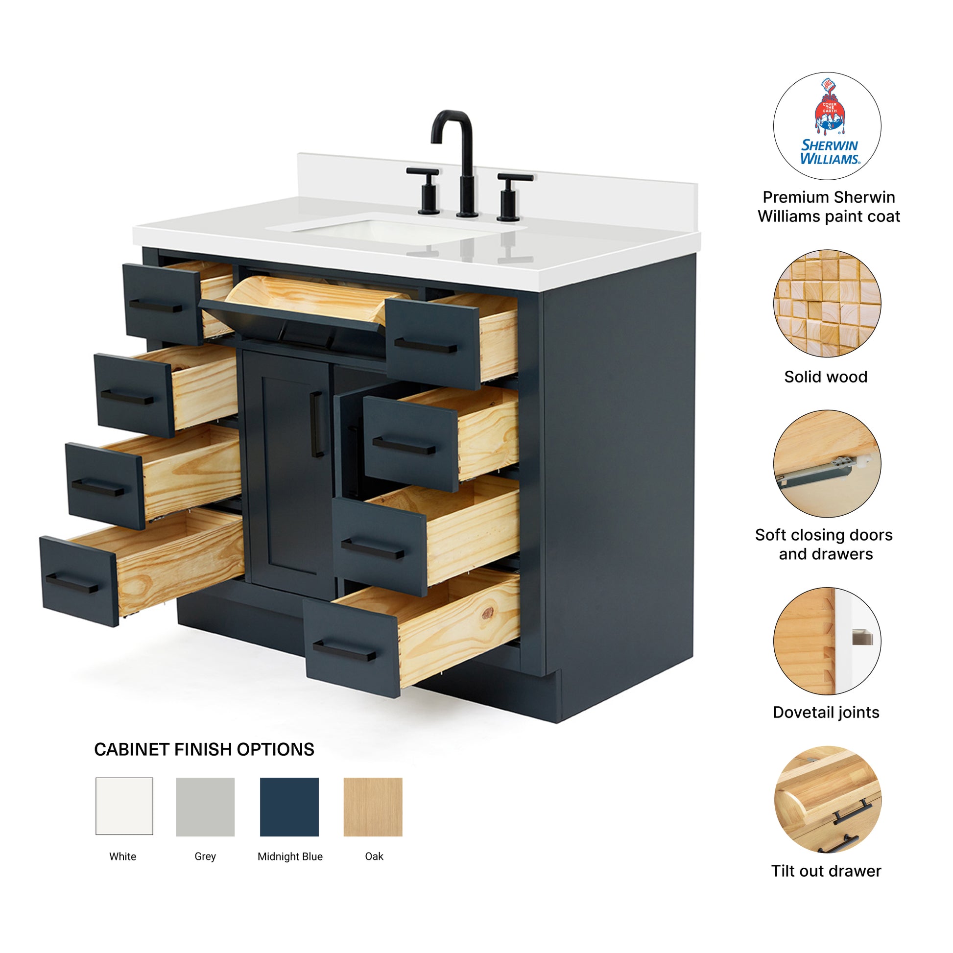 Isabella 42-Inch Midnight Blue bathroom vanity – feature highlights: solid wood frame, soft-close doors and drawers, Sherwin-Williams paint finish
