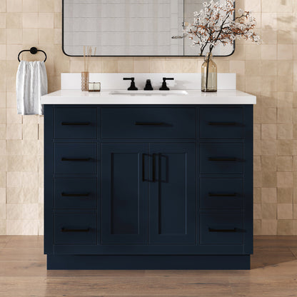 Isabella 42-Inch Midnight Blue bathroom vanity in styled bathroom setting