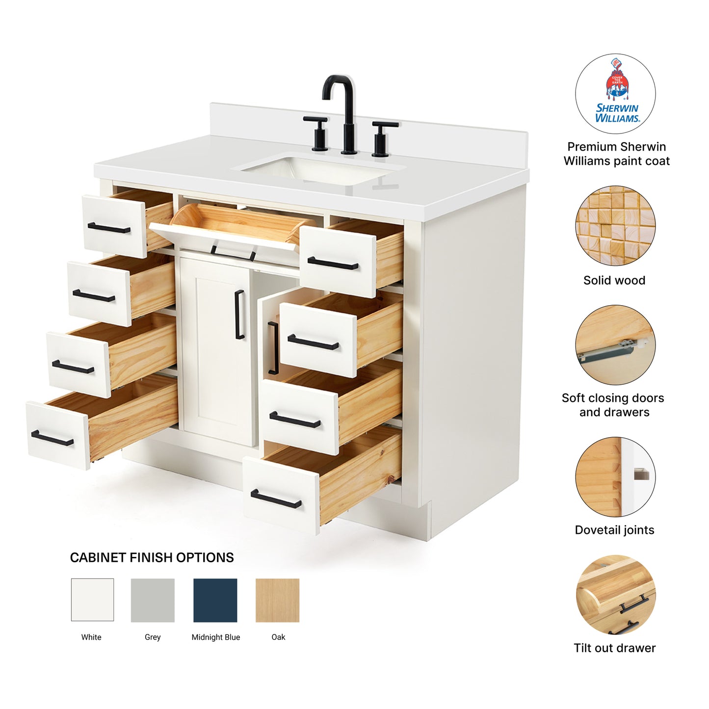 Isabella 42-Inch White bathroom vanity – feature highlights: solid wood frame, soft-close doors and drawers, Sherwin-Williams paint finish