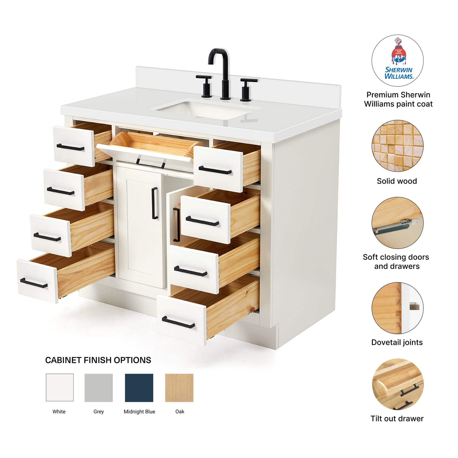 Isabella 42-Inch White bathroom vanity – feature highlights: solid wood frame, soft-close doors and drawers, Sherwin-Williams paint finish