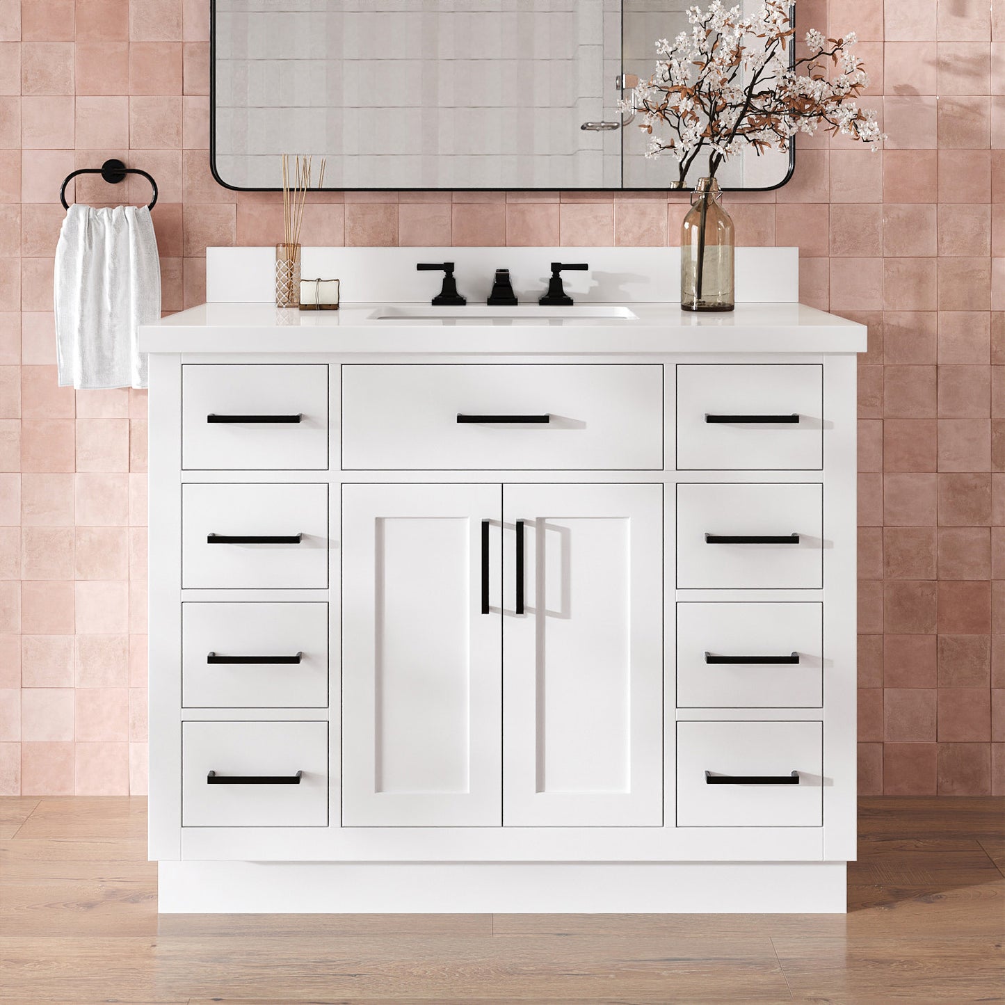 Isabella 42-Inch White bathroom vanity in styled bathroom setting