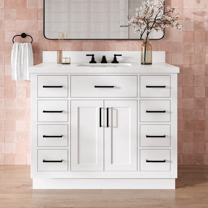 Isabella 42-Inch White bathroom vanity in styled bathroom setting