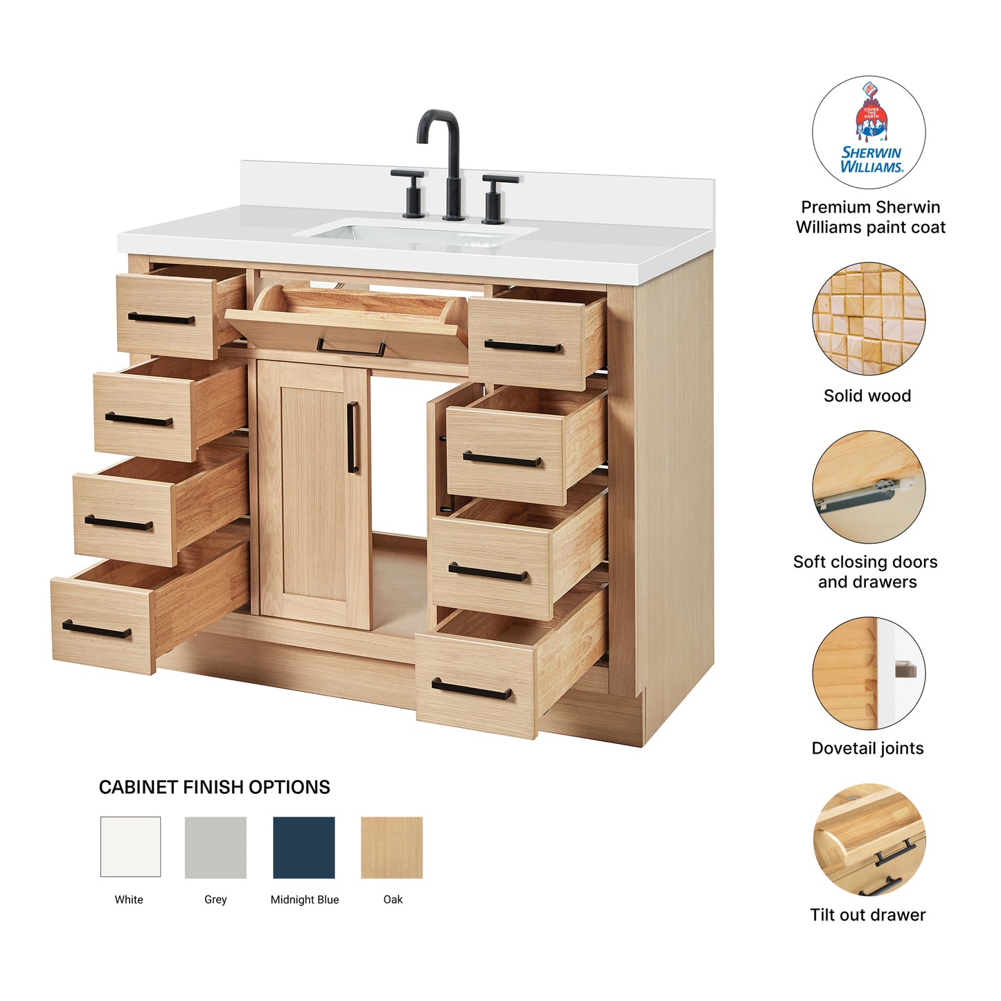 Isabella 42-Inch White Oak bathroom vanity – feature highlights: solid wood frame, soft-close doors and drawers, Sherwin-Williams paint finish