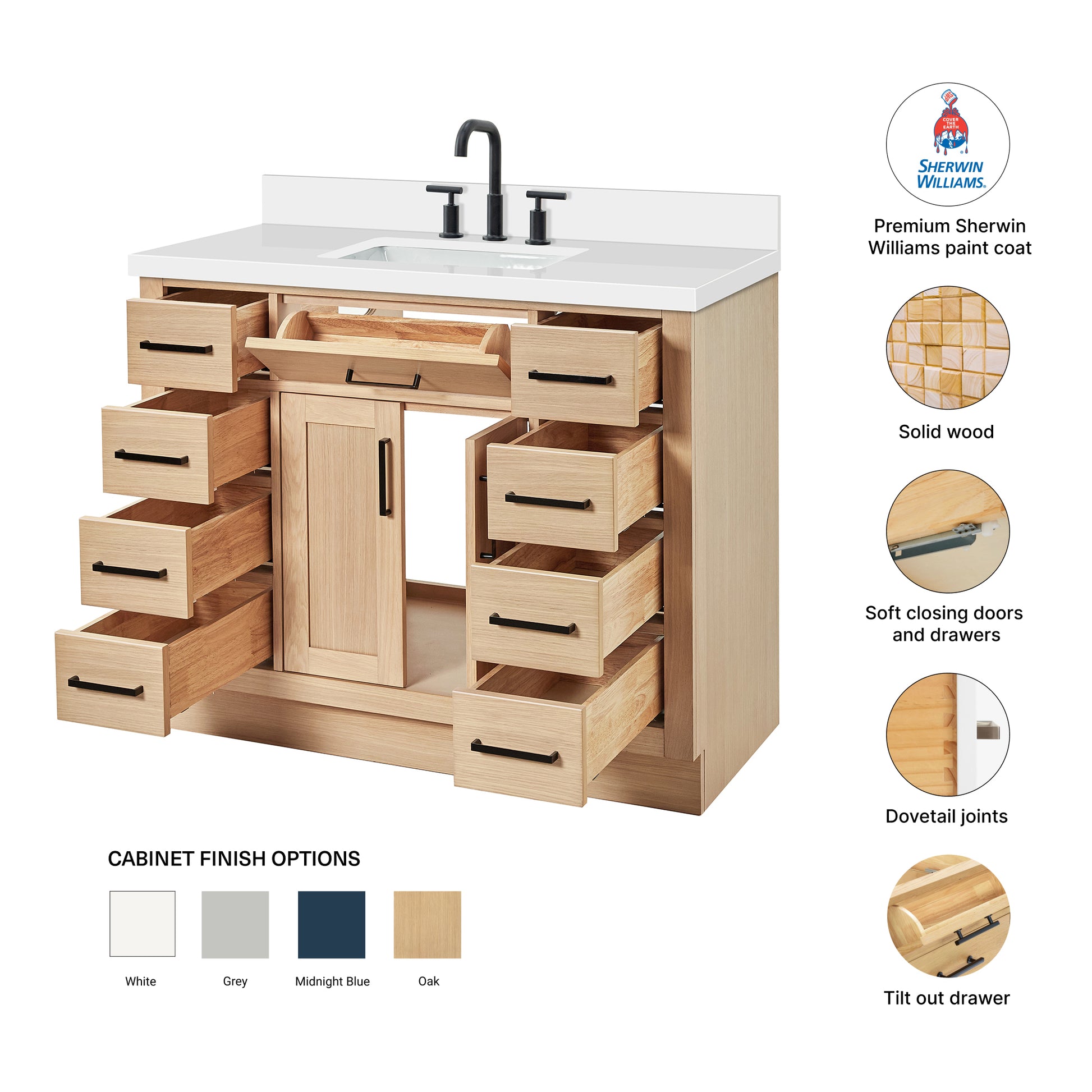 Isabella 42-Inch White Oak bathroom vanity – feature highlights: solid wood frame, soft-close doors and drawers, Sherwin-Williams paint finish