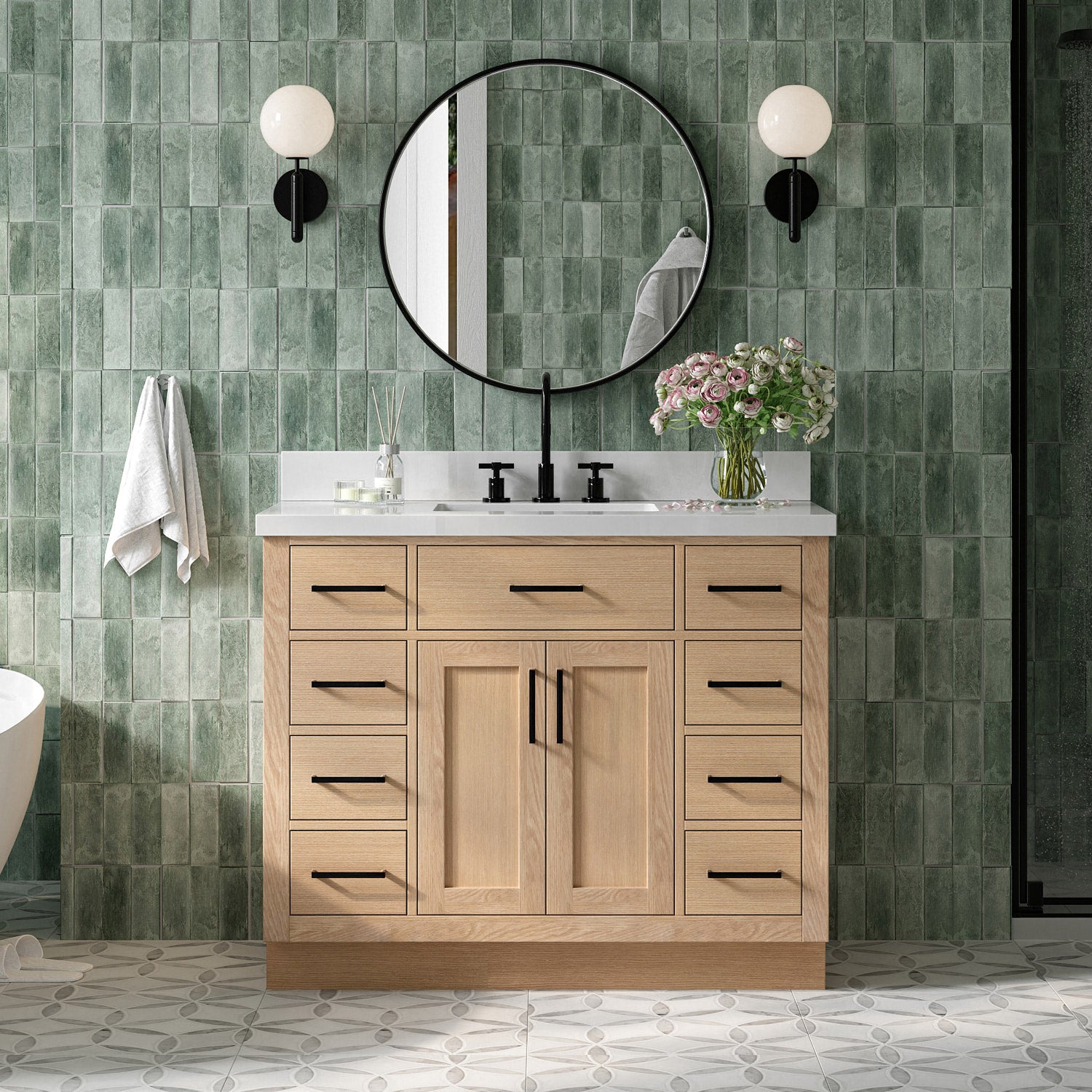 Isabella 42-Inch White Oak bathroom vanity in styled bathroom setting