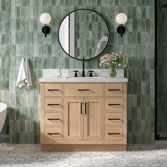 Isabella 42-Inch White Oak bathroom vanity in styled bathroom setting