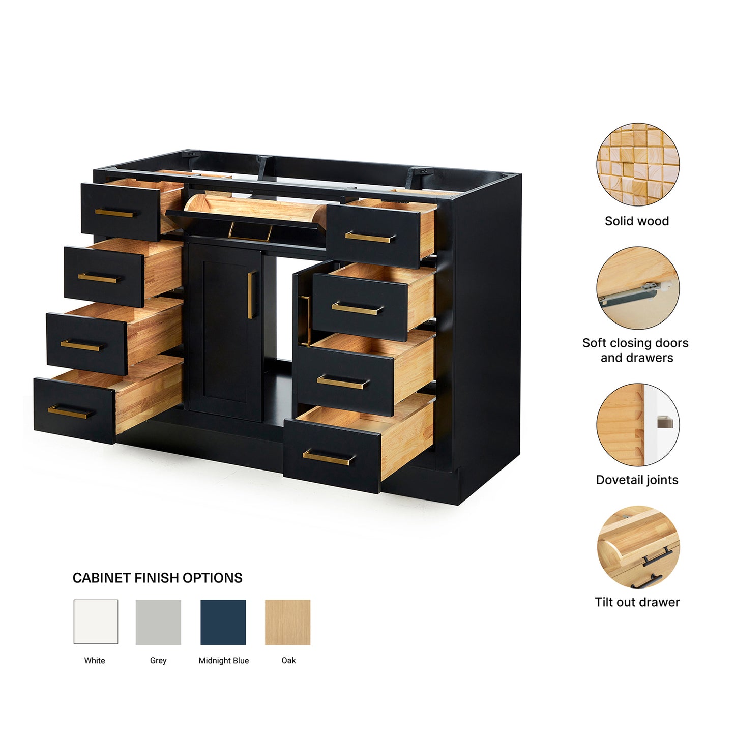 Isabella 48-inch Black base cabinet on feature highlights: solid wood frame, soft-close doors and drawers, Sherwin-Williams paint finish