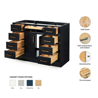 Isabella 48-inch Black base cabinet on feature highlights: solid wood frame, soft-close doors and drawers, Sherwin-Williams paint finish