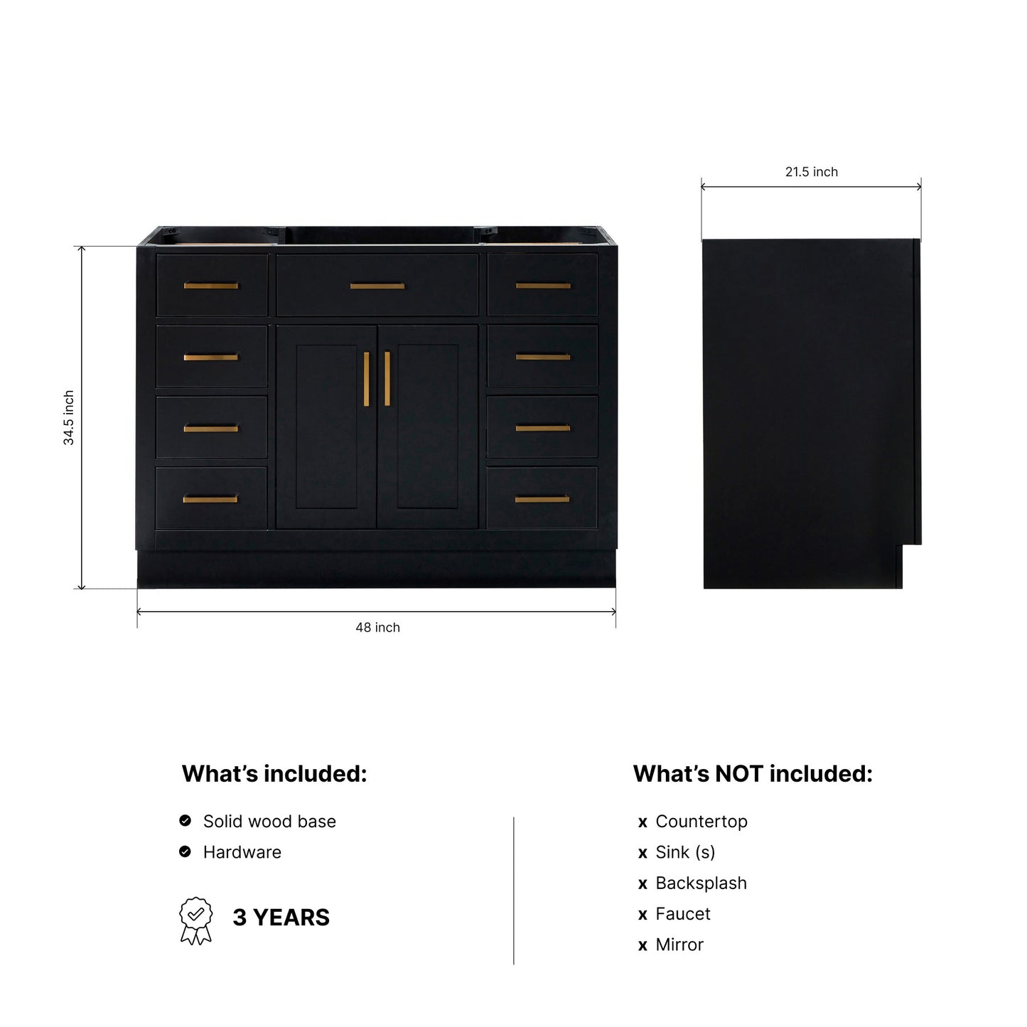 Isabella 48-inch Black base cabinet on dimensions