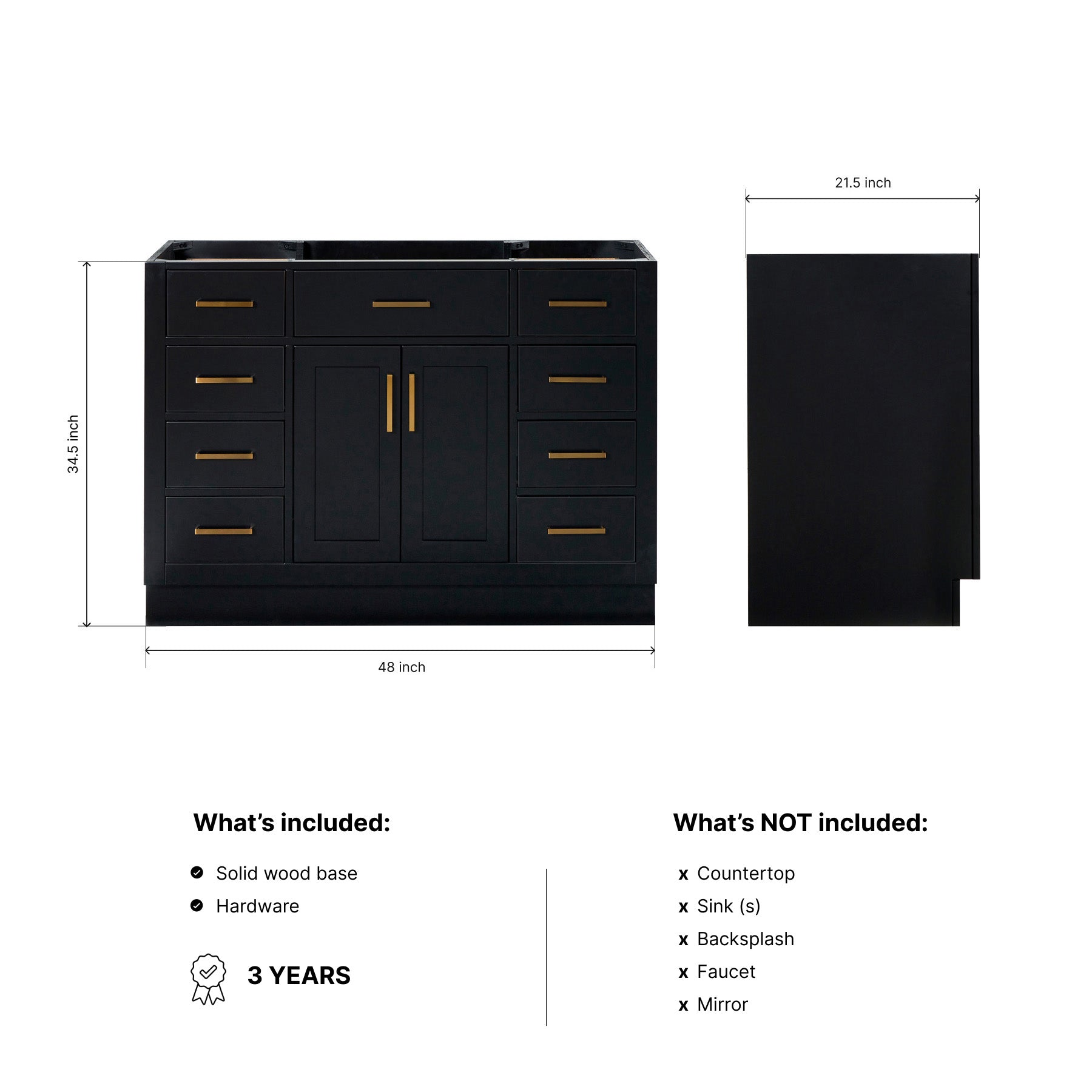 Isabella 48-inch Black base cabinet on dimensions