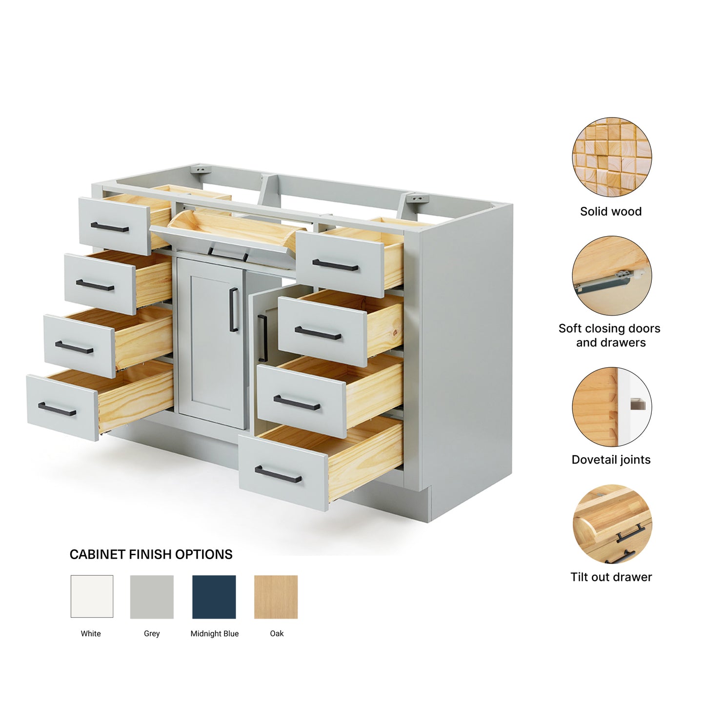 Isabella 48-inch Grey base cabinet on feature highlights: solid wood frame, soft-close doors and drawers, Sherwin-Williams paint finish