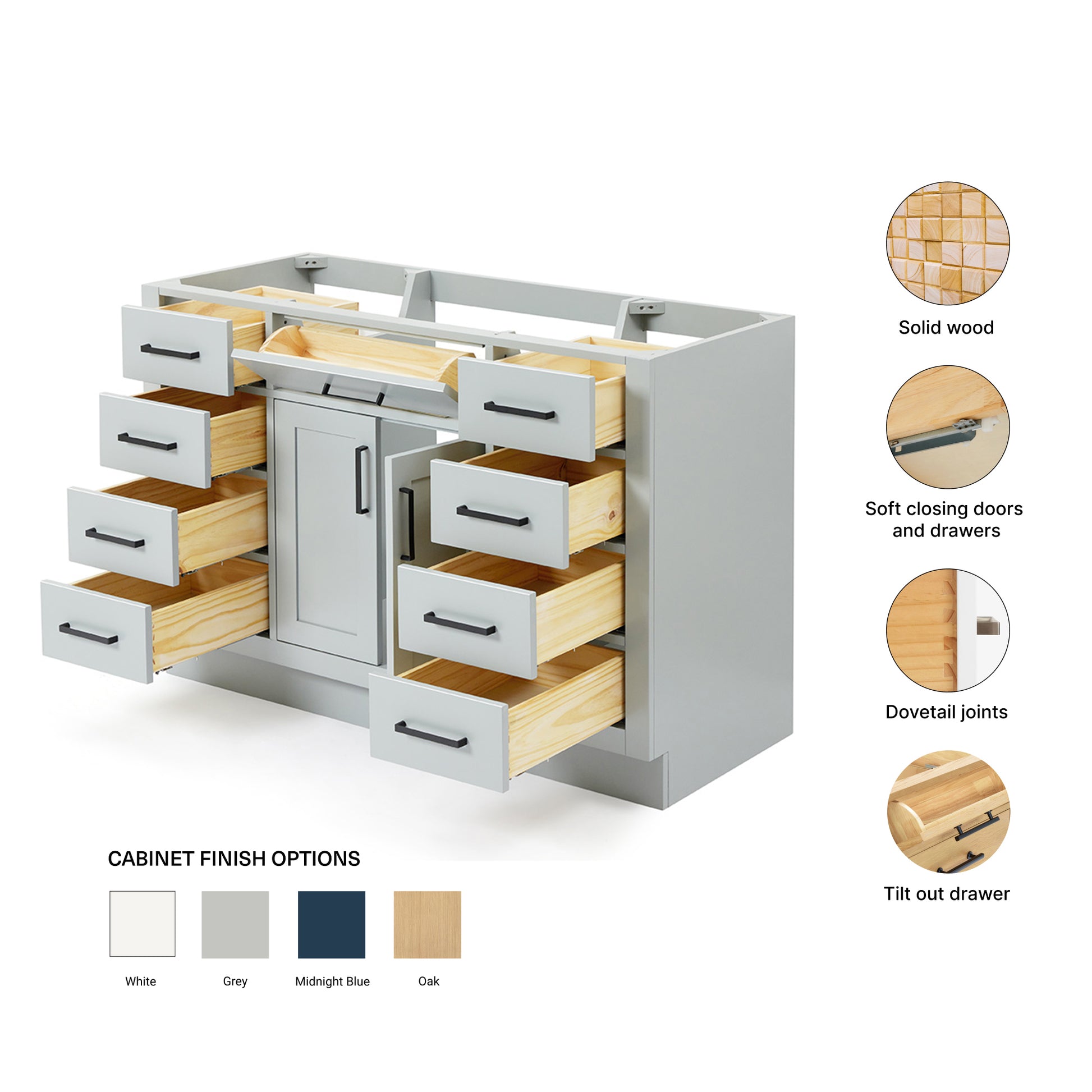 Isabella 48-inch Grey base cabinet on feature highlights: solid wood frame, soft-close doors and drawers, Sherwin-Williams paint finish