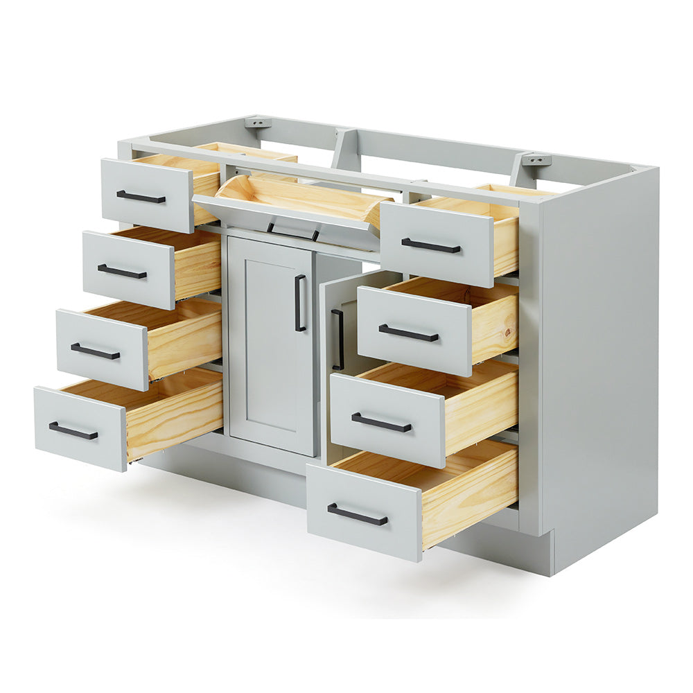 Isabella 48-inch Grey base cabinet on white back ground side view open door