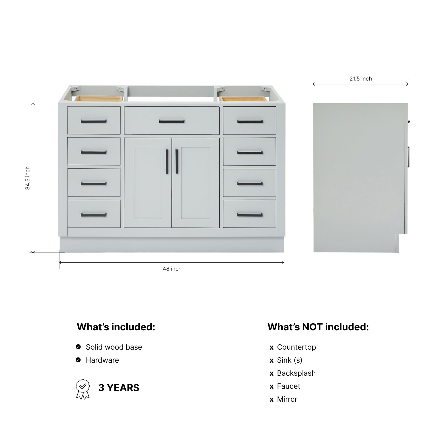 Isabella 48-inch Grey base cabinet on dimensions